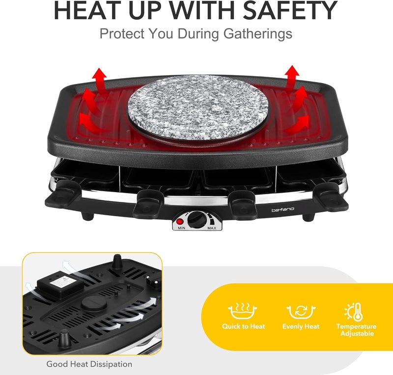 Befano Electric Raclette BBQ Grill with Fondue Pot Sets, Portable Korean Table Grill Electric Indoor Cheese Raclette, Dual Adjustable Thermostats, 8 People Serve Perfect for Parties and Family Fun - Image 5